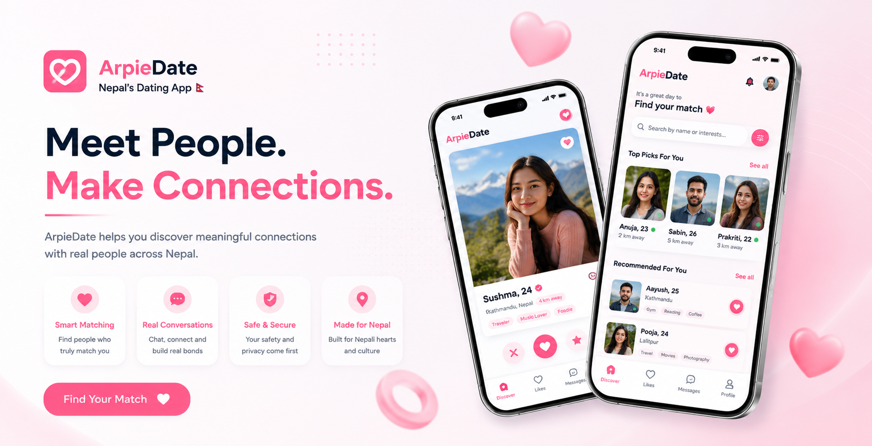 ArpieDate — Nepal's dating app showing match discovery and profile screens