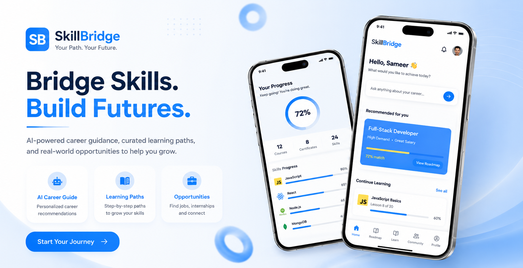 SkillBridge — AI-powered career guidance app showing skill progress and career path recommendations